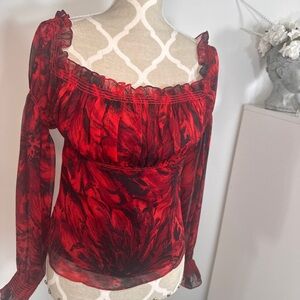 Mint condition red David Meister organza ruffle shirt
